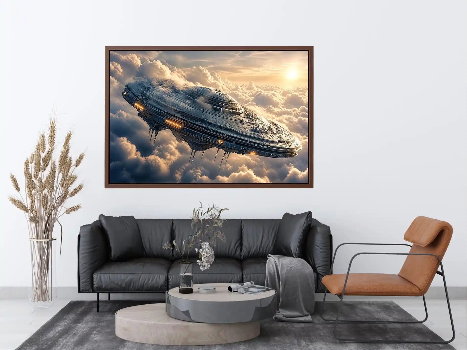 Futuristic ship above golden clouds