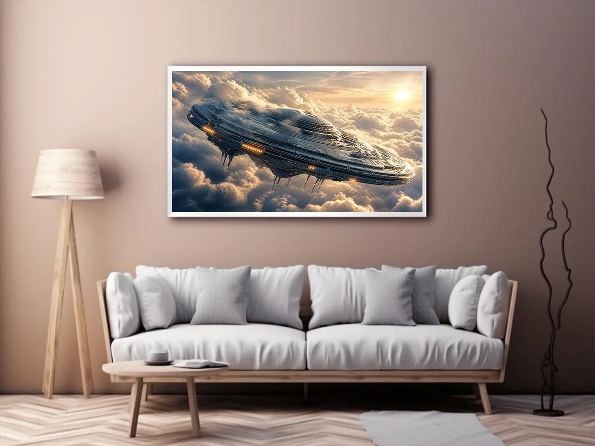 Futuristic ship above golden clouds