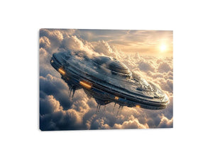 Futuristic ship above golden clouds