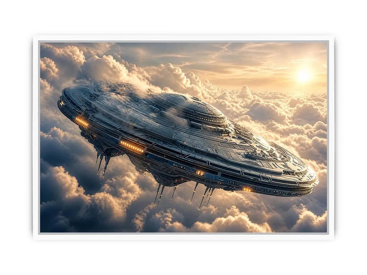 Futuristic ship above golden clouds
