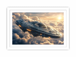 Futuristic ship above golden clouds