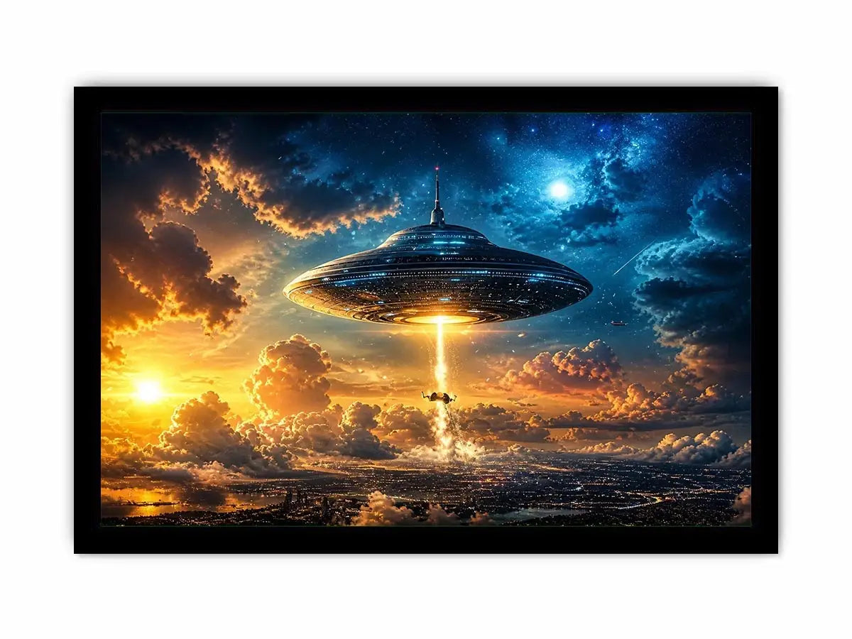 UFO above city at dusk