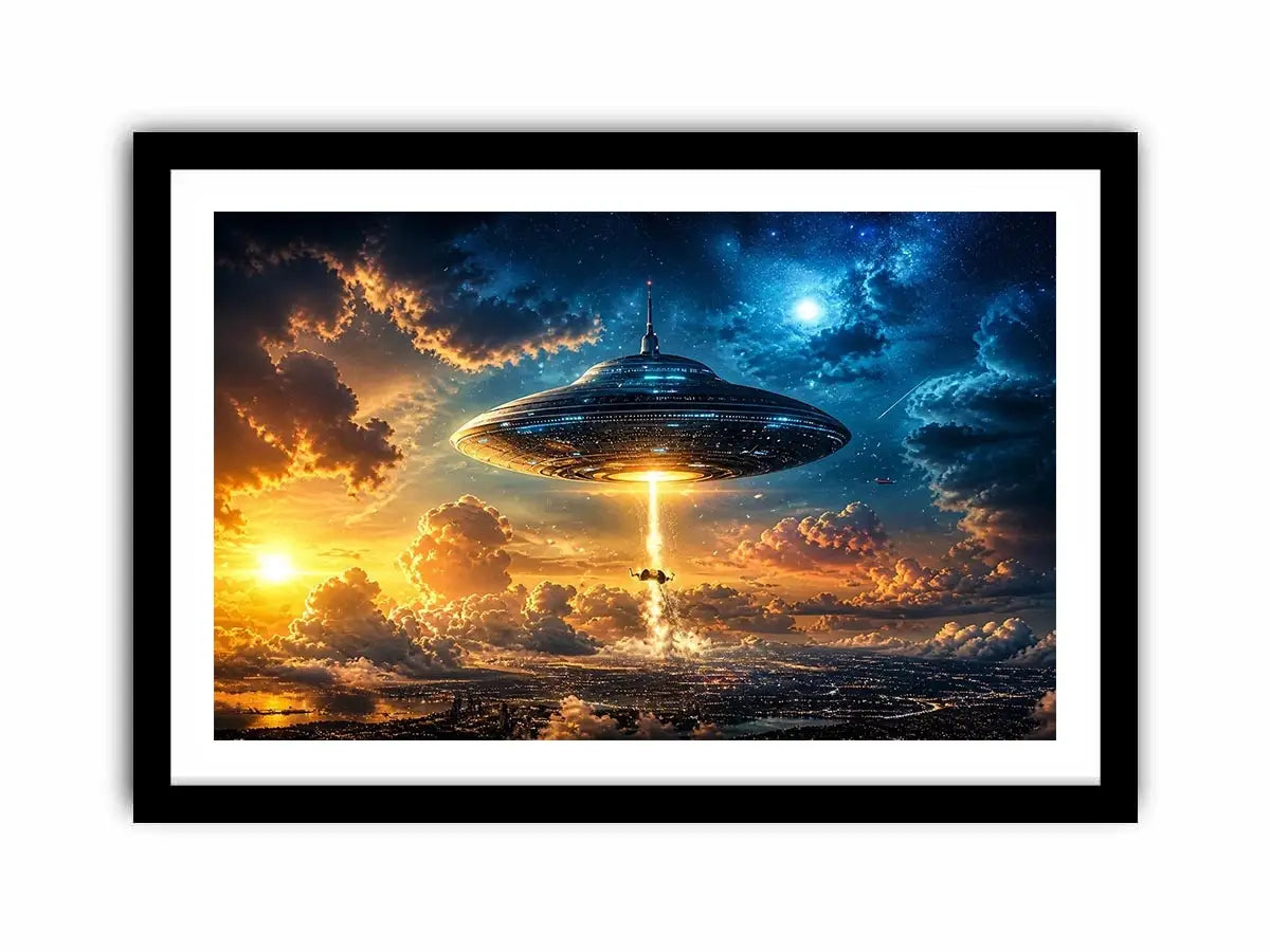 UFO above city at dusk