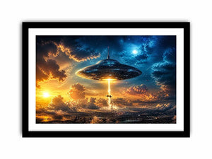 UFO above city at dusk