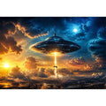 UFO above city at dusk