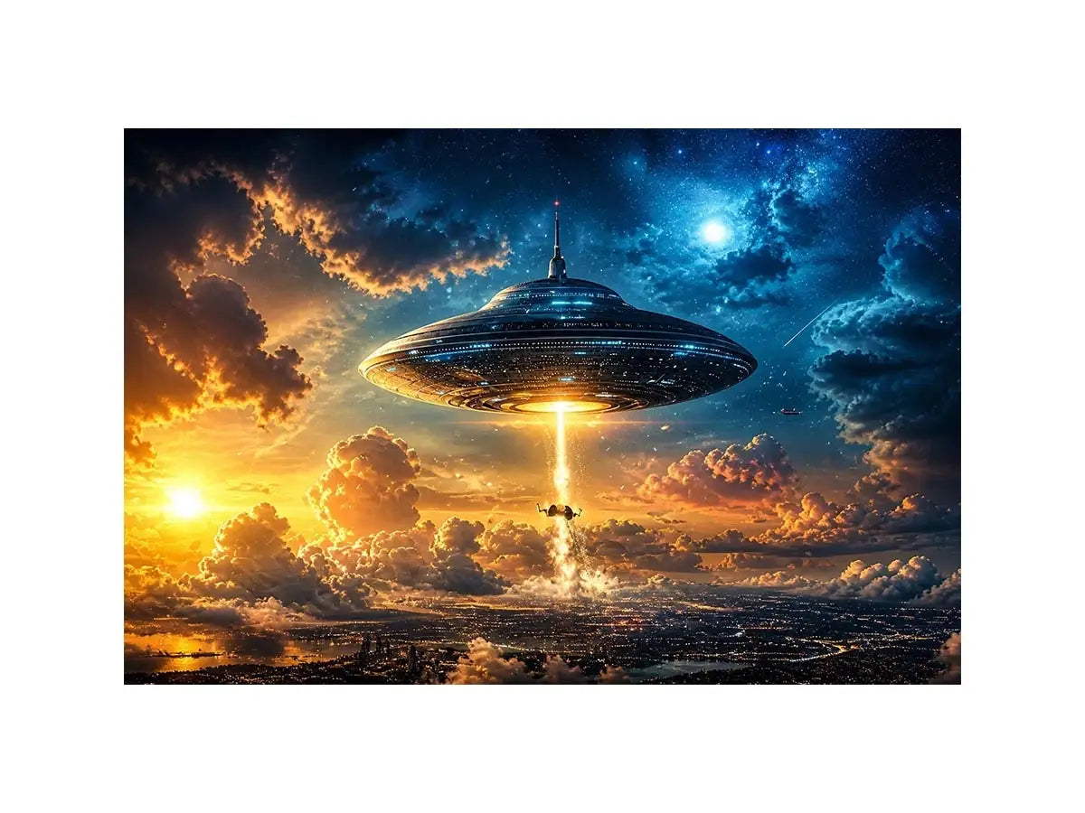 UFO above city at dusk