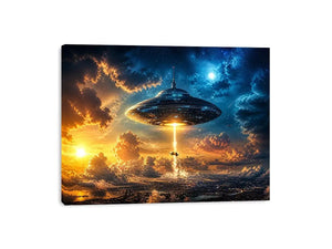 UFO above city at dusk