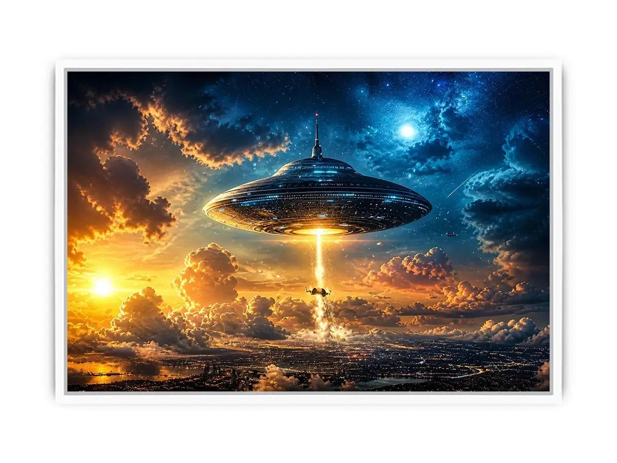 UFO above city at dusk