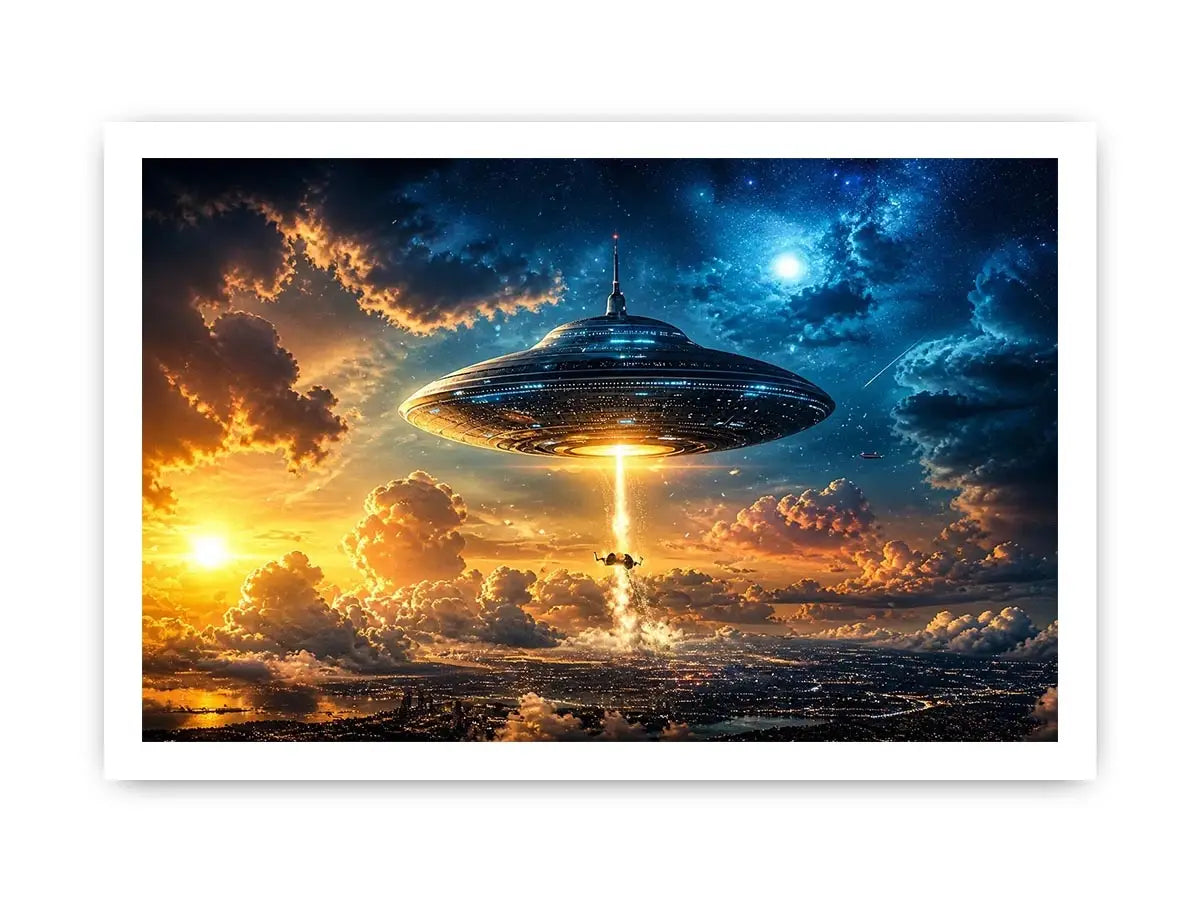 UFO above city at dusk