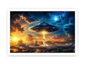 UFO above city at dusk