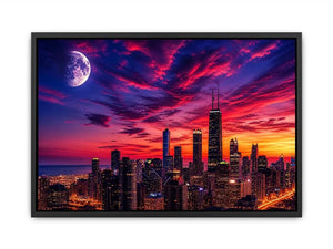 City skyline at twilight with moon
