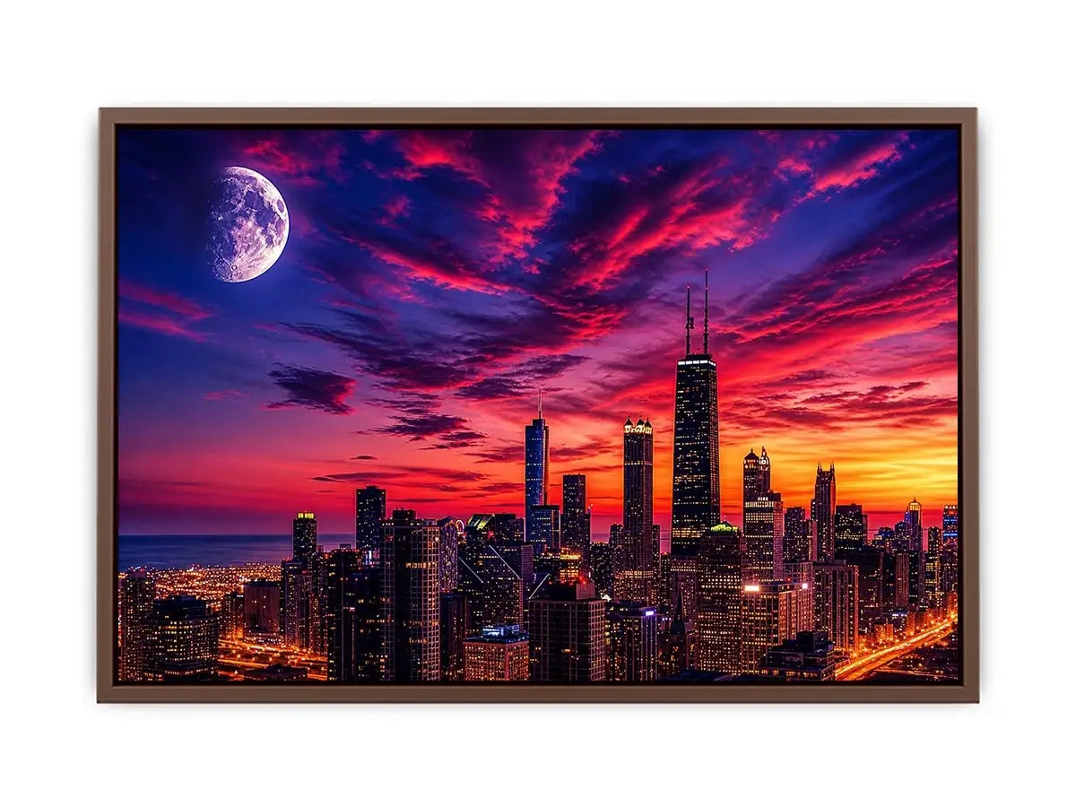 City skyline at twilight with moon