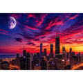 City skyline at twilight with moon