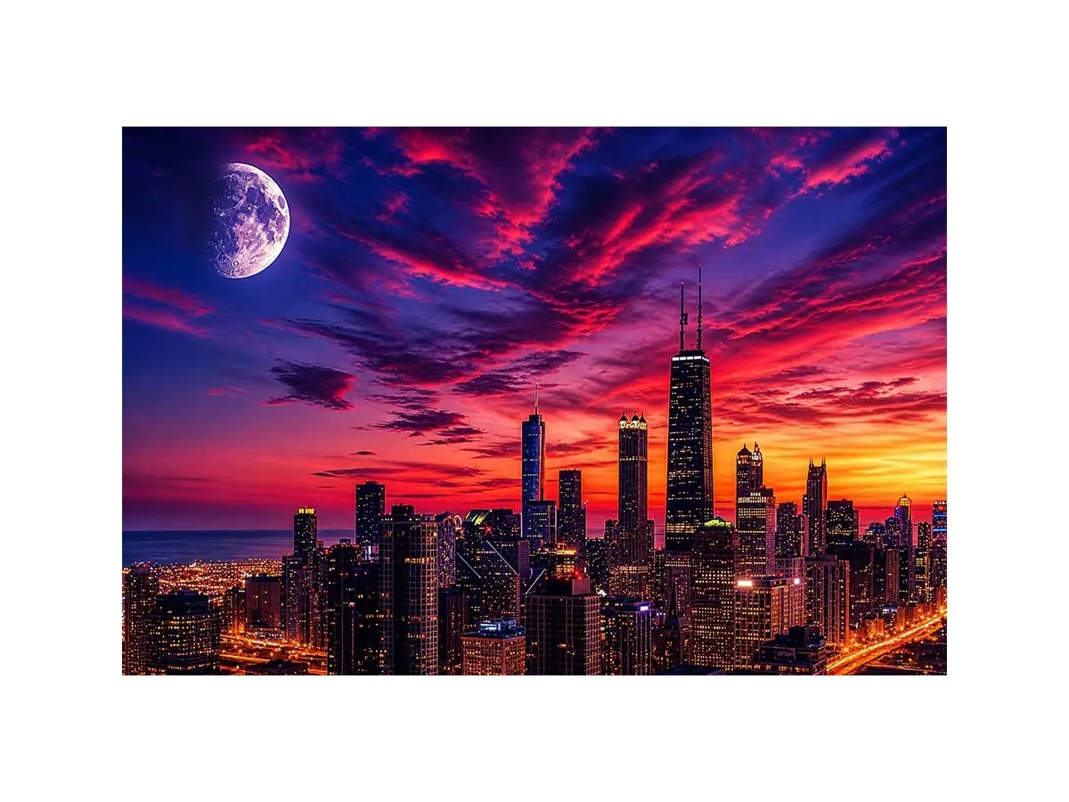City skyline at twilight with moon