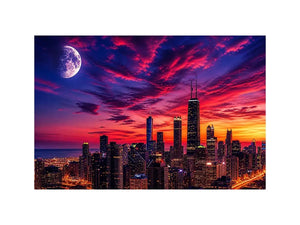 City skyline at twilight with moon