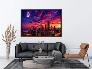 City skyline at twilight with moon