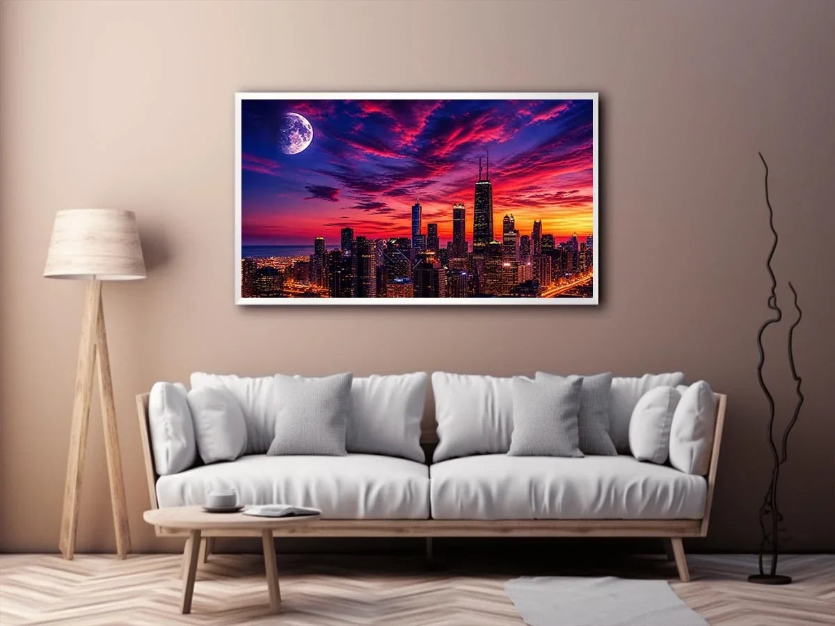 City skyline at twilight with moon