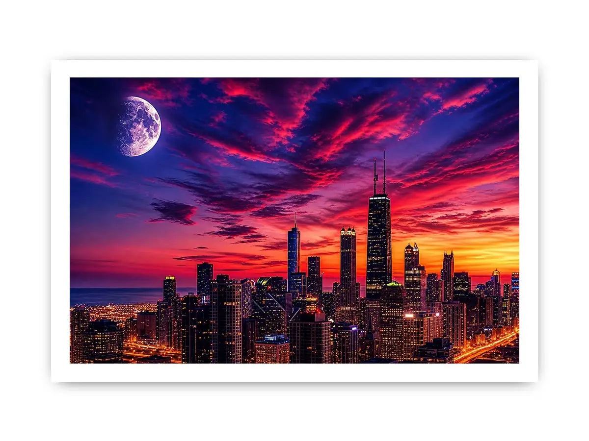City skyline at twilight with moon