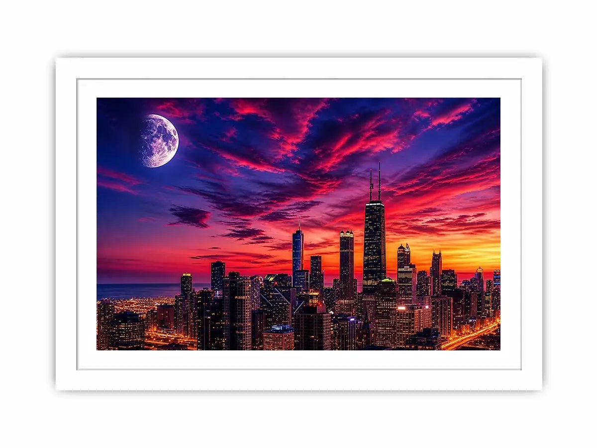 City skyline at twilight with moon