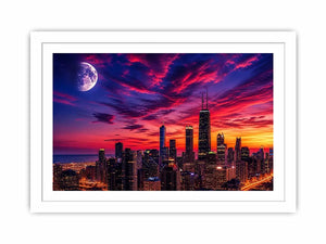 City skyline at twilight with moon