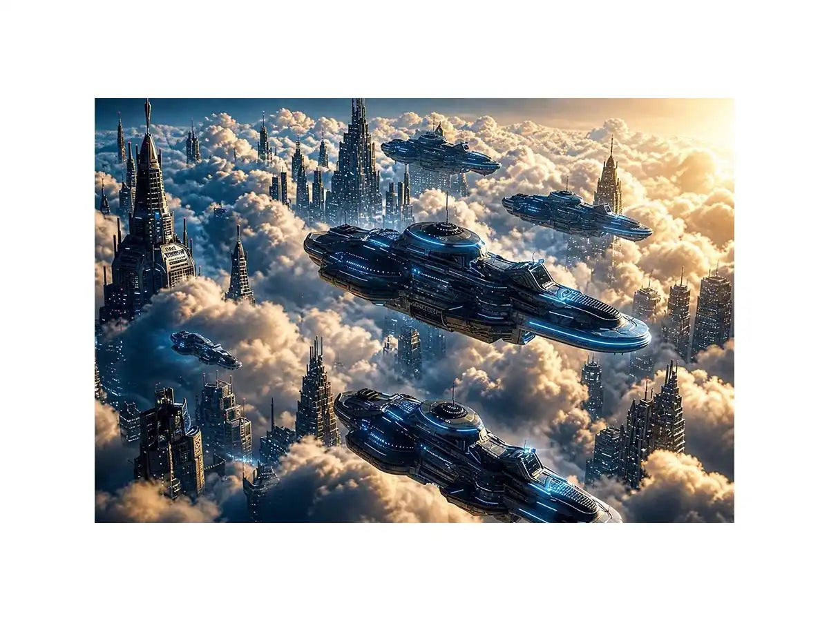 Futuristic city above the clouds