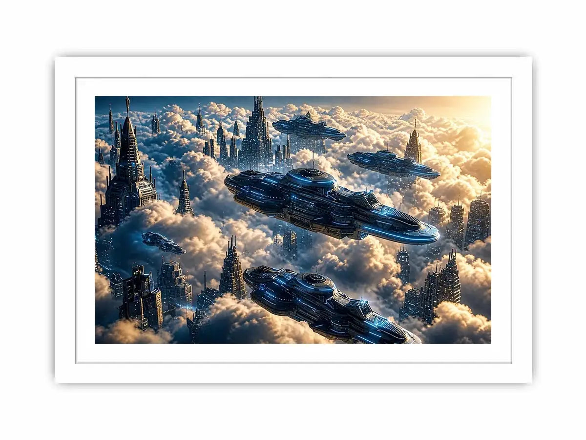 Futuristic city above the clouds