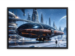 Futuristic outpost in snowy landscape