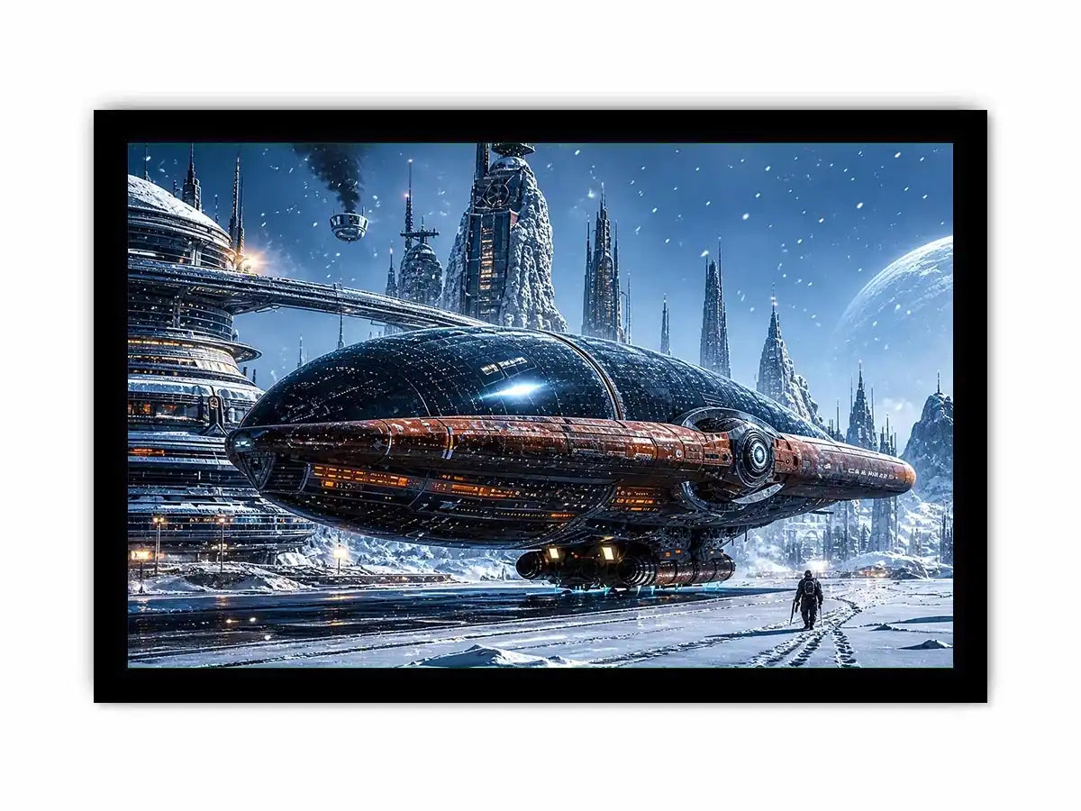 Futuristic outpost in snowy landscape