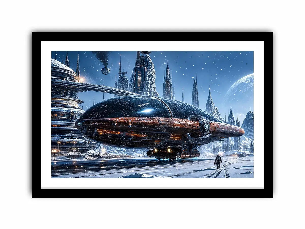 Futuristic outpost in snowy landscape