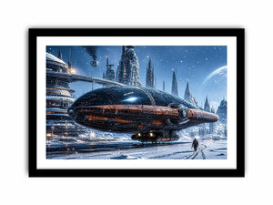 Futuristic outpost in snowy landscape