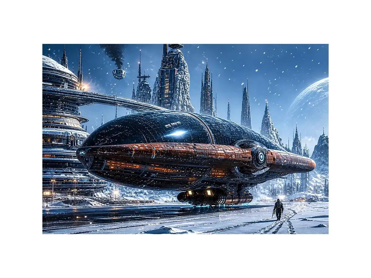 Futuristic outpost in snowy landscape