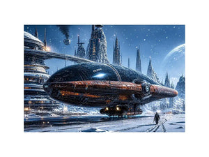 Futuristic outpost in snowy landscape
