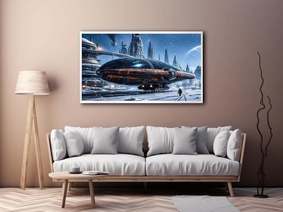 Futuristic outpost in snowy landscape