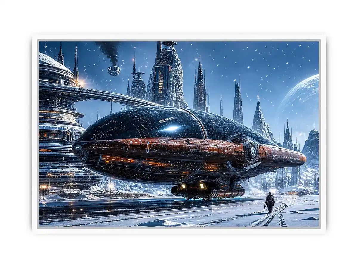 Futuristic outpost in snowy landscape