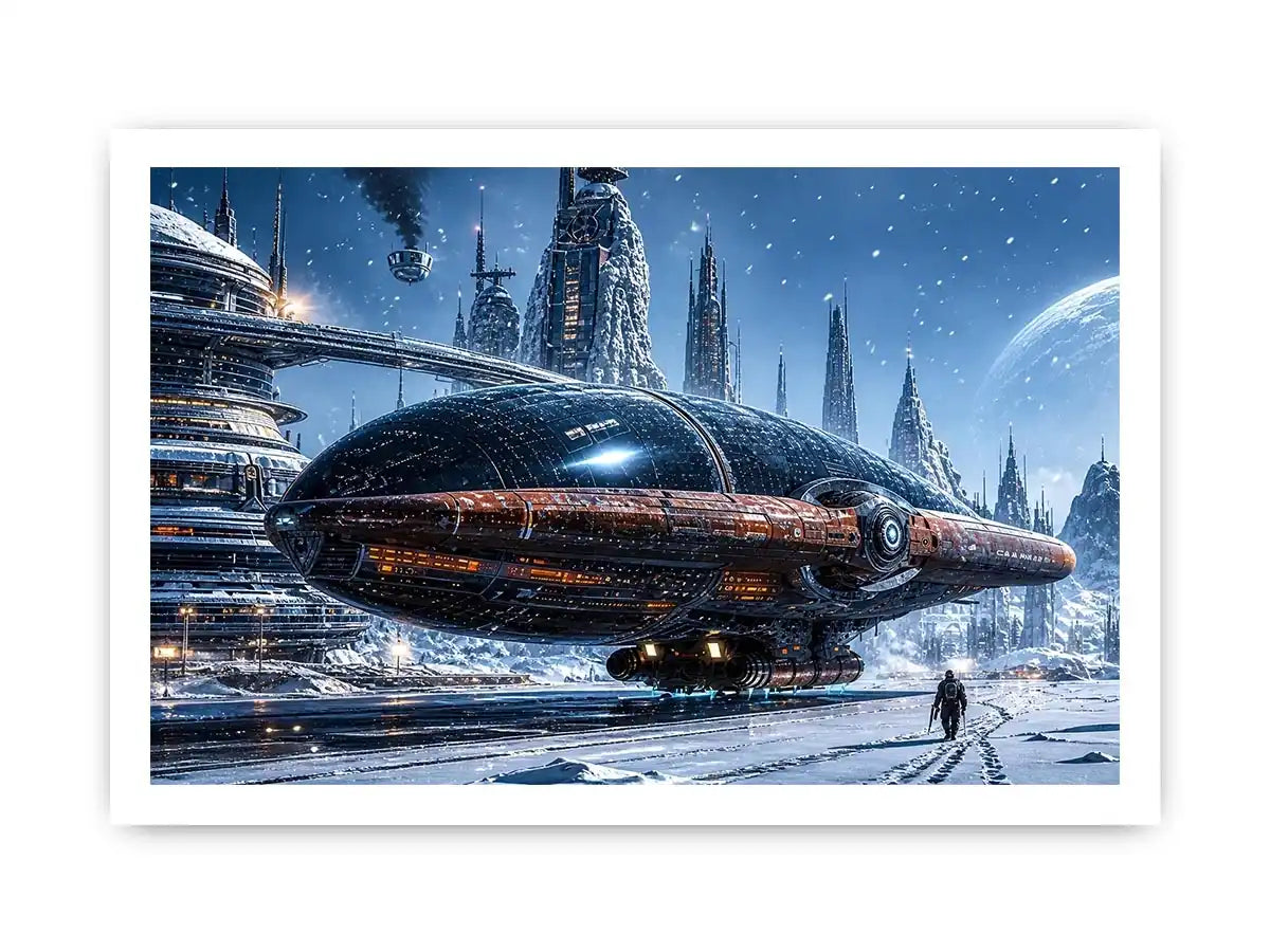 Futuristic outpost in snowy landscape
