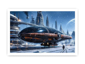 Futuristic outpost in snowy landscape