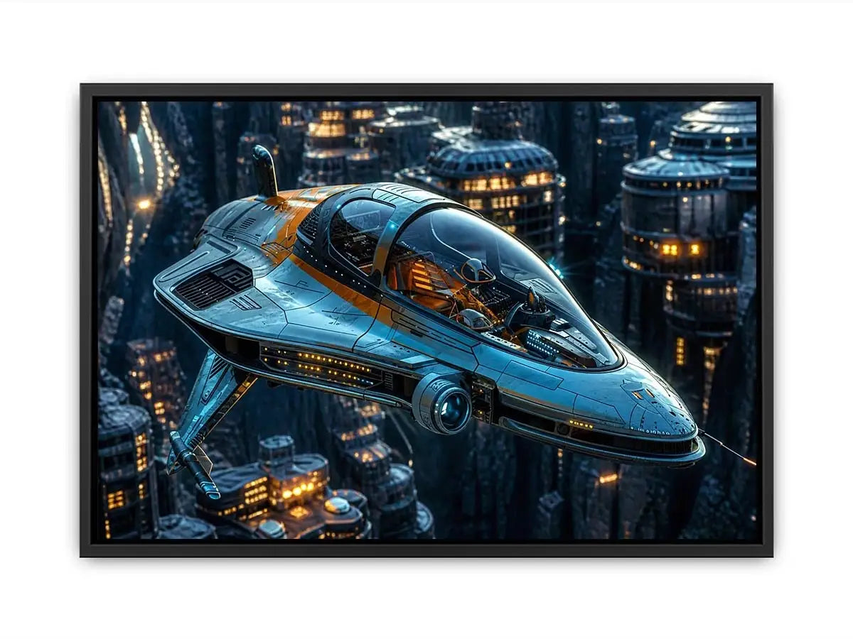Futuristic hovercraft in canyon metropolis