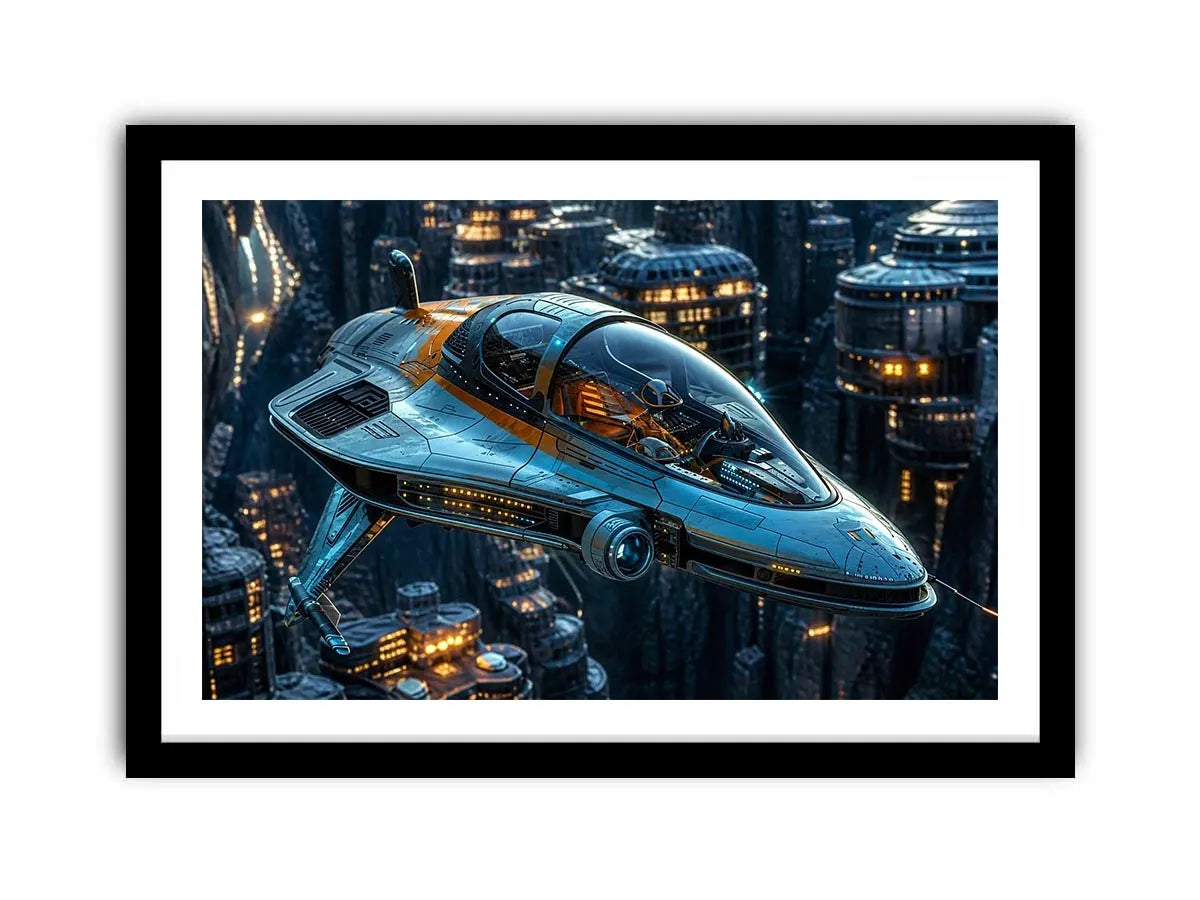 Futuristic hovercraft in canyon metropolis