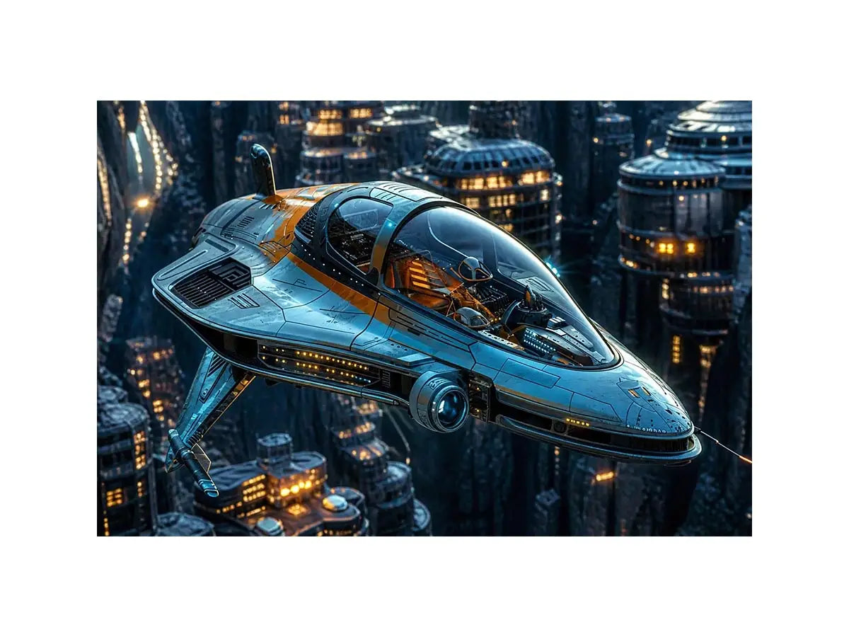Futuristic hovercraft in canyon metropolis