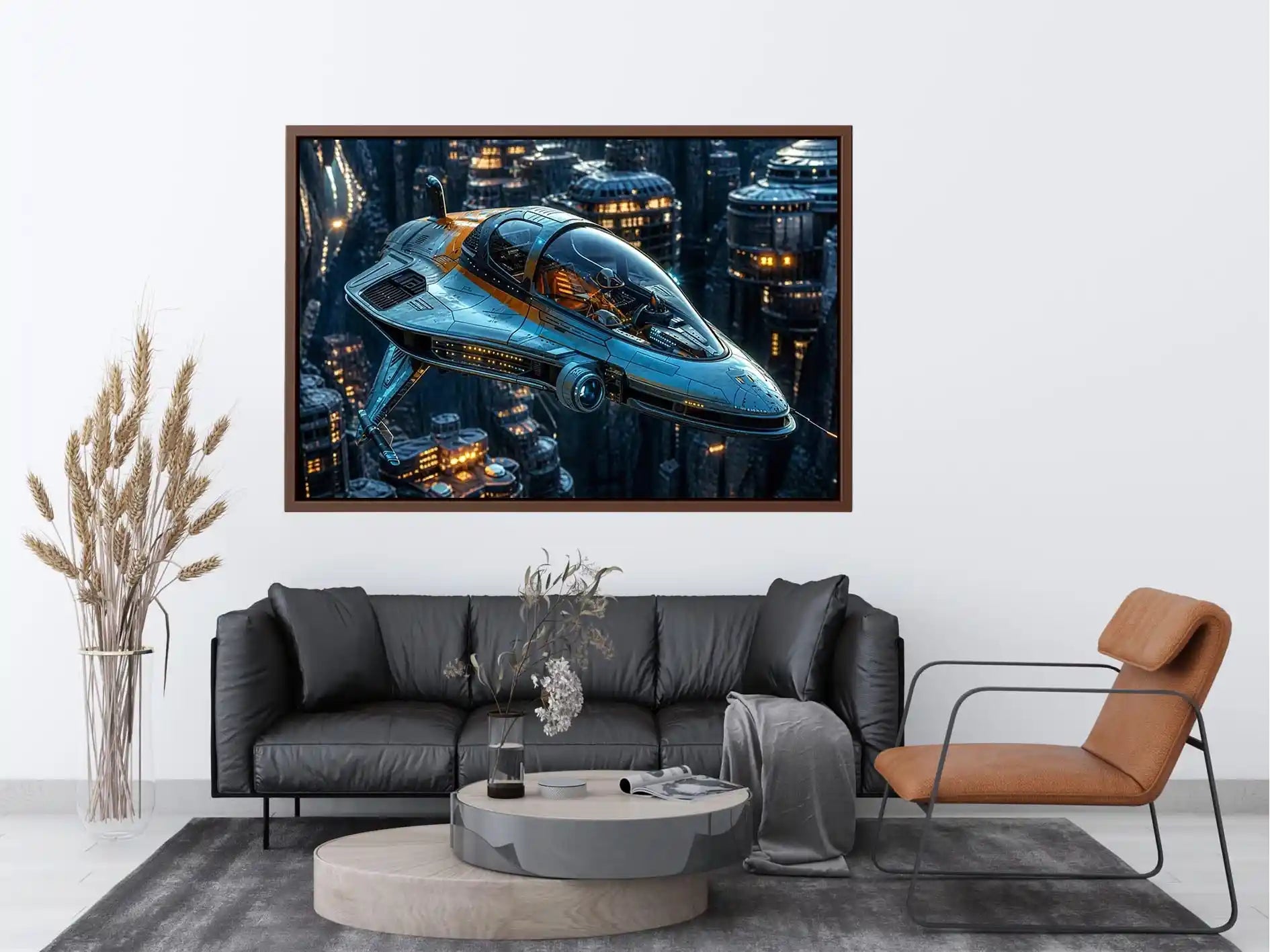 Futuristic hovercraft in canyon metropolis