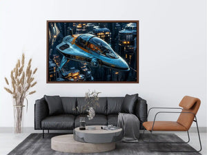 Futuristic hovercraft in canyon metropolis