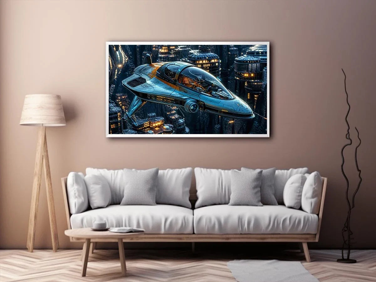 Futuristic hovercraft in canyon metropolis