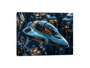 Futuristic hovercraft in canyon metropolis
