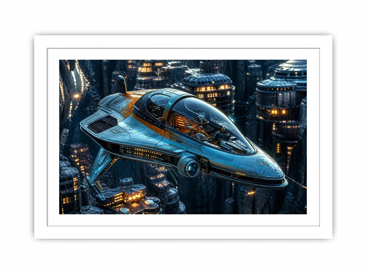 Futuristic hovercraft in canyon metropolis
