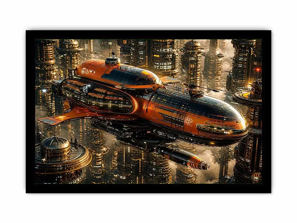 Futuristic metropolis with orange airship