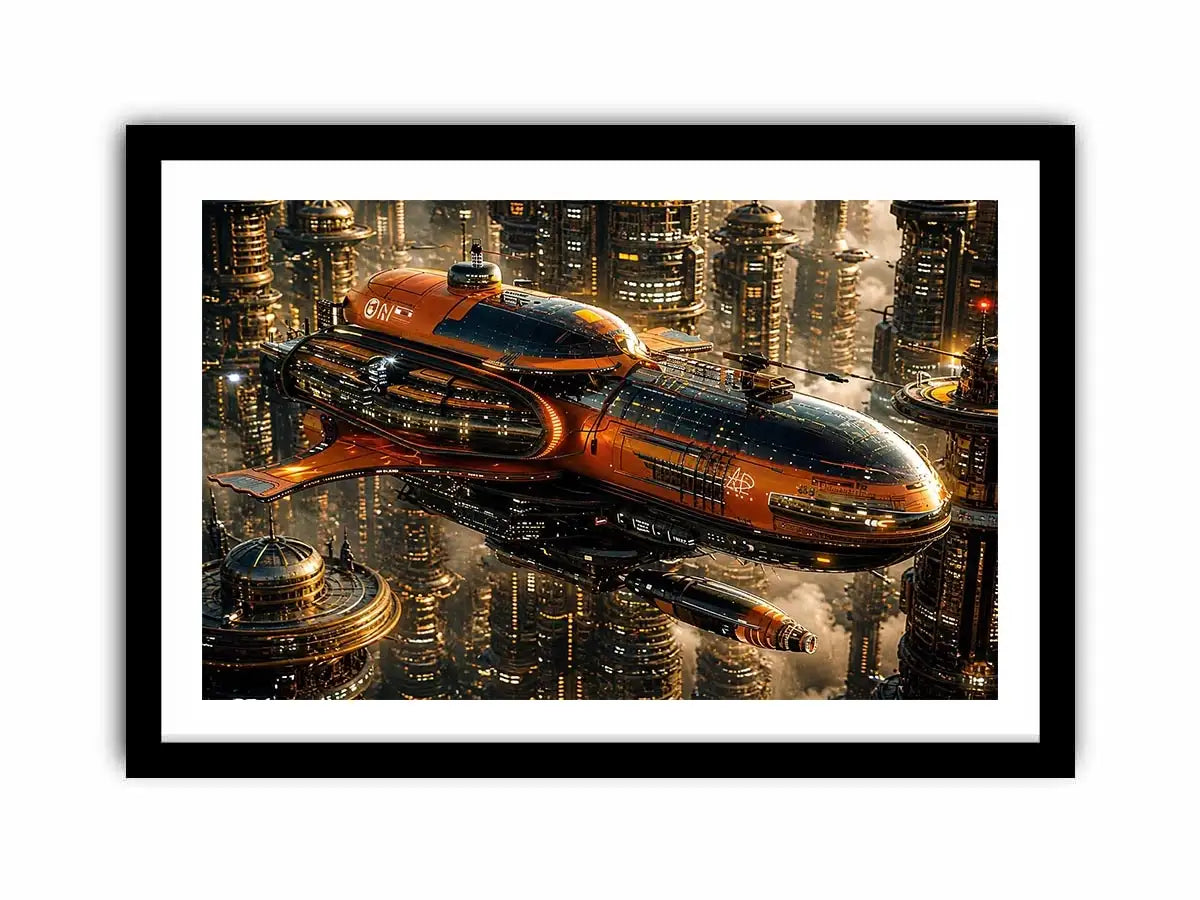 Futuristic metropolis with orange airship