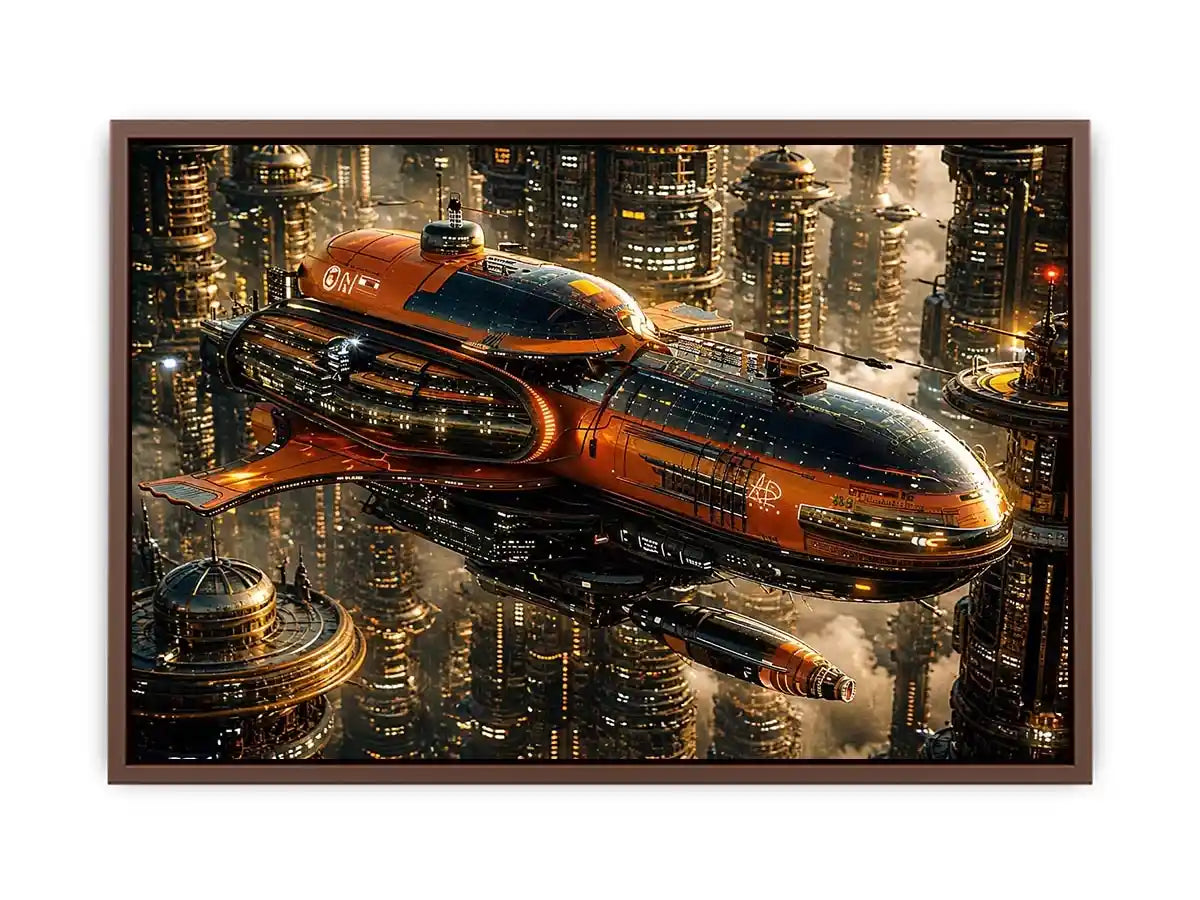 Futuristic metropolis with orange airship