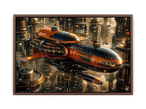 Futuristic metropolis with orange airship