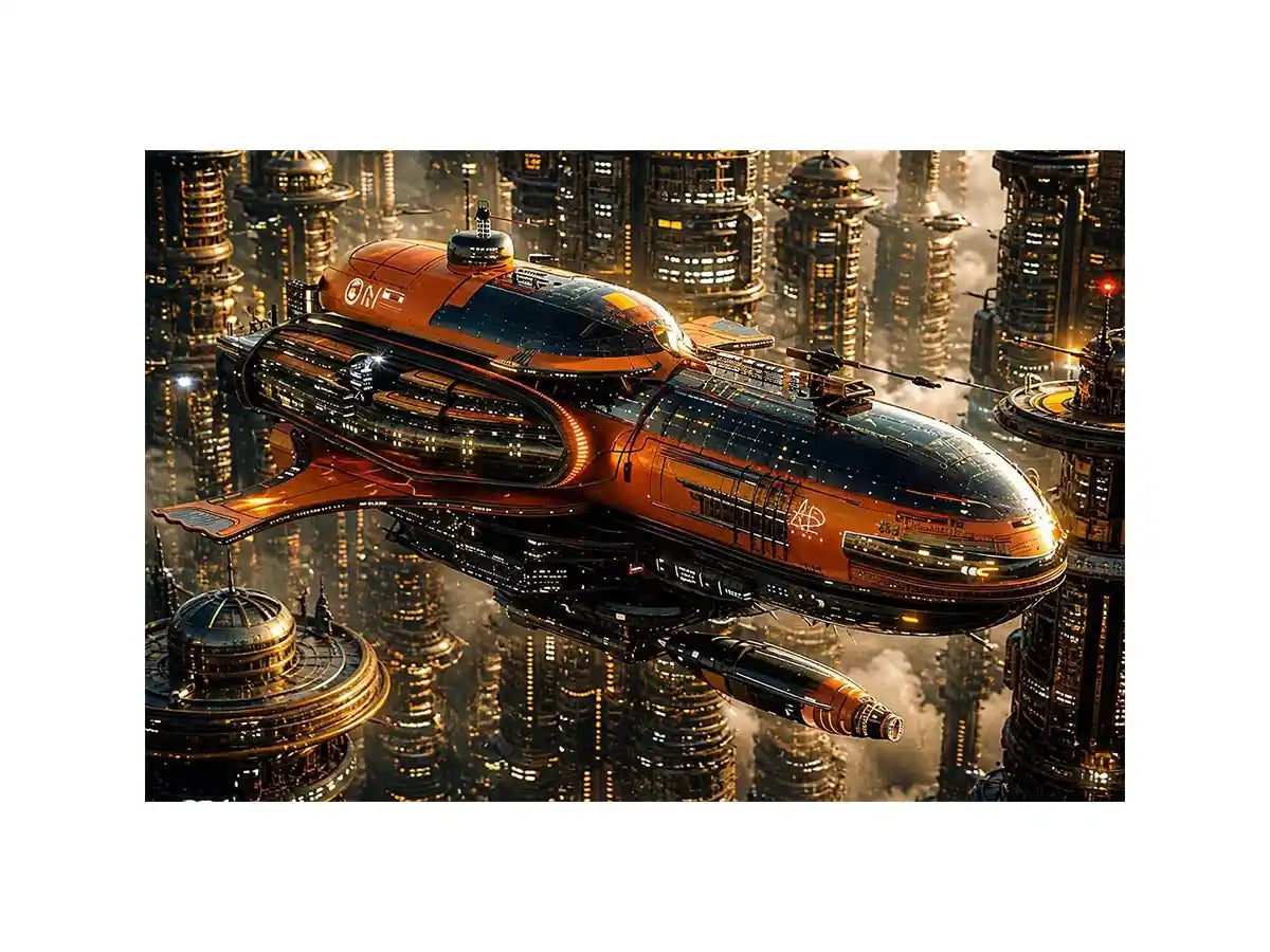 Futuristic metropolis with orange airship