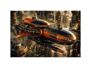 Futuristic metropolis with orange airship